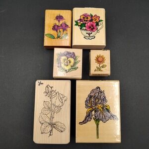 Set-6 Rubber Stamps Flowers Pansy Blossom Iris Roses Sunflower Fuschia Other👀